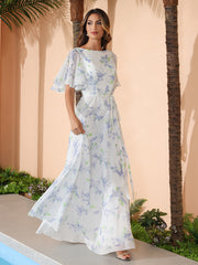 Lavender Floral Flutter Sleeves Long Chiffon Dresses with Sash Bow