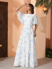 Lavender Floral Flutter Sleeves Long Chiffon Dresses with Sash Bow