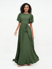 Flutter Sleeves Long Chiffon Dresses with Sash Bow Olive Green
