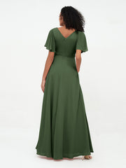 Flutter Sleeves Long Chiffon Dresses with Sash Bow Olive Green