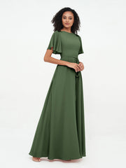 Flutter Sleeves Long Chiffon Dresses with Sash Bow Olive Green