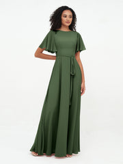 Flutter Sleeves Long Chiffon Dresses with Sash Bow Olive Green