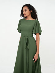 Flutter Sleeves Long Chiffon Dresses with Sash Bow Olive Green