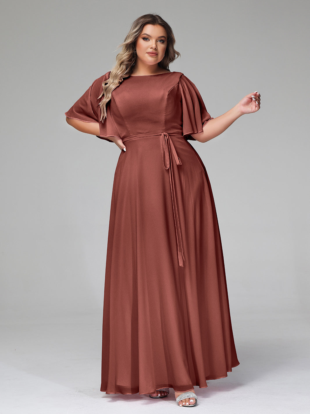 BABARONI Chiffon Terracotta Bridesmaid Dresses A-line Bateau Floor-length  Flutter Sleeves – BABARONI UK