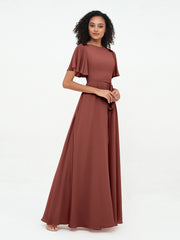 Flutter Sleeves Long Chiffon Dresses with Sash Bow Terracotta