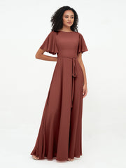 Flutter Sleeves Long Chiffon Dresses with Sash Bow Terracotta