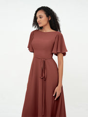 Flutter Sleeves Long Chiffon Dresses with Sash Bow Terracotta