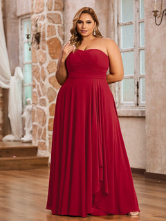 A-line Strapless Chiffon Dresses with Pockets Burgundy