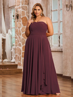 A-line Strapless Chiffon Dresses with Pockets Mulberry