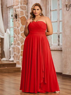 A-line Strapless Chiffon Dresses with Pockets Red