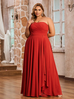 A-line Strapless Chiffon Dresses with Pockets Rust