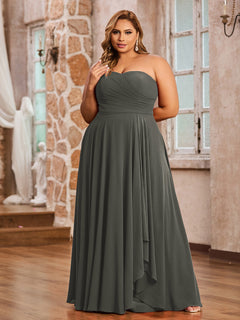 A-line Strapless Chiffon Dresses with Pockets Steel Grey