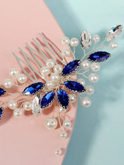 Stylish Blue Rhinestone Pearl Hair Comb 3 Pcs