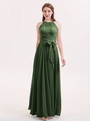 Chiffon Long Bridesmaid Gowns with Bow Sash Olive Green