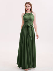 Chiffon Long Bridesmaid Gowns with Bow Sash Olive Green
