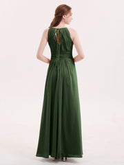 Chiffon Long Bridesmaid Gowns with Bow Sash Olive Green