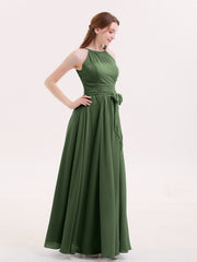 Chiffon Long Bridesmaid Gowns with Bow Sash Olive Green