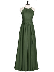 Chiffon Long Bridesmaid Gowns with Bow Sash Olive Green
