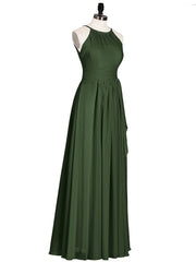 Chiffon Long Bridesmaid Gowns with Bow Sash Olive Green