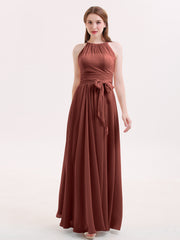 Chiffon Long Bridesmaid Gowns with Bow Sash Terracotta