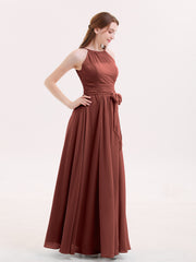 Chiffon Long Bridesmaid Gowns with Bow Sash Terracotta