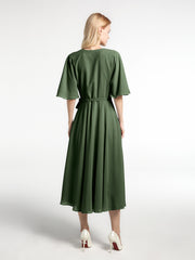V-neck Half Sleeves T-Length Chiffon Dress Olive Green