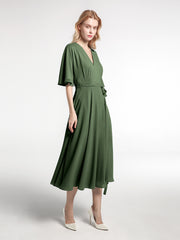 V-neck Half Sleeves T-Length Chiffon Dress Olive Green