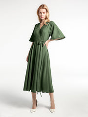 V-neck Half Sleeves T-Length Chiffon Dress Olive Green