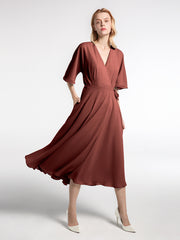 V-neck Half Sleeves T-Length Chiffon Dress Terracotta