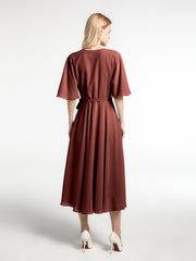 V-neck Half Sleeves T-Length Chiffon Dress Terracotta