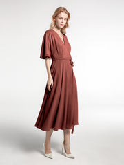 V-neck Half Sleeves T-Length Chiffon Dress Terracotta