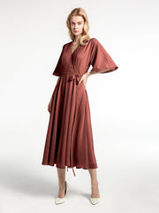 V-neck Half Sleeves T-Length Chiffon Dress Terracotta