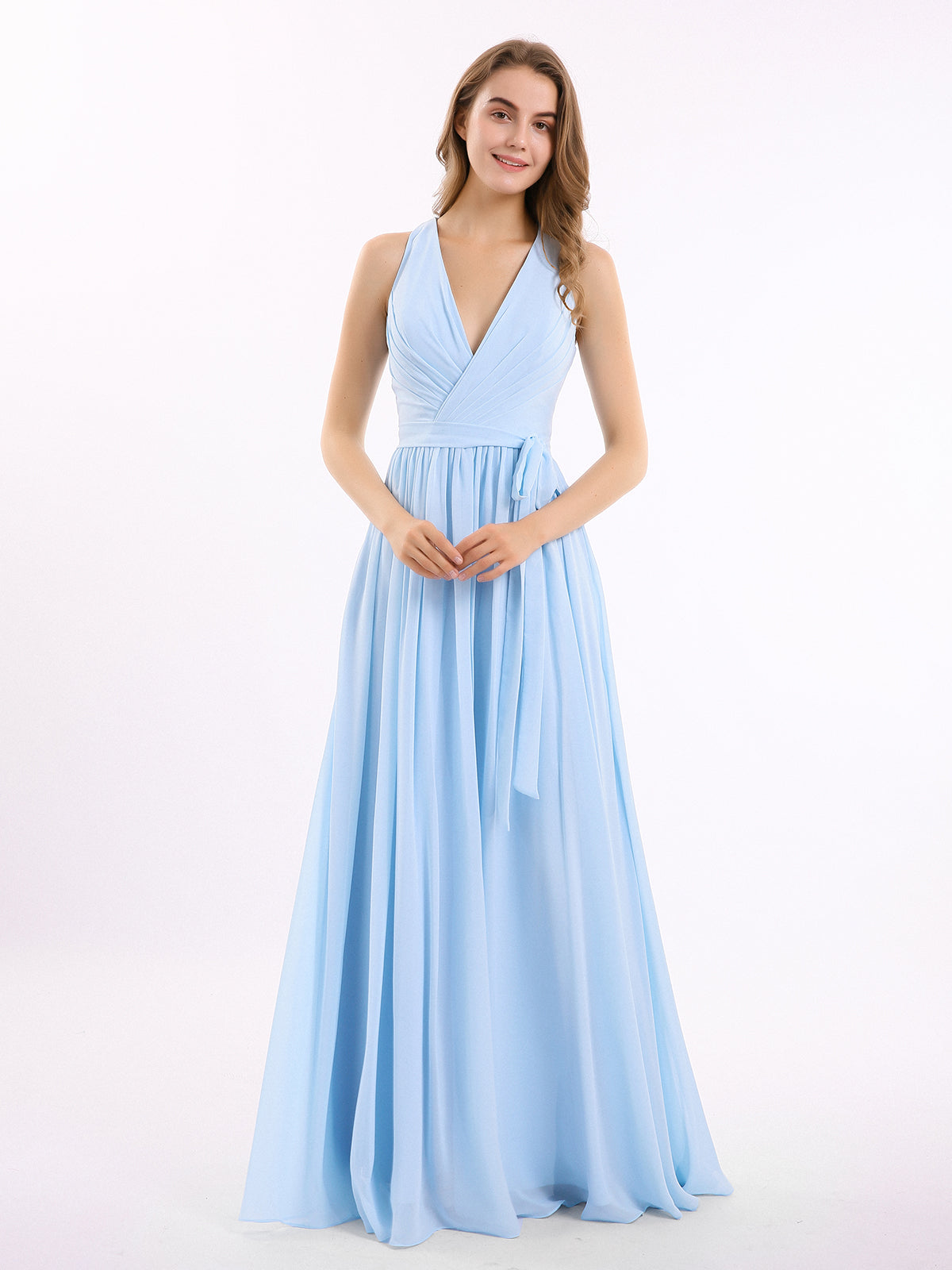 Classic Chiffon Dress with Deep V Neck Sky Blue | BABARONI – BABARONI UK