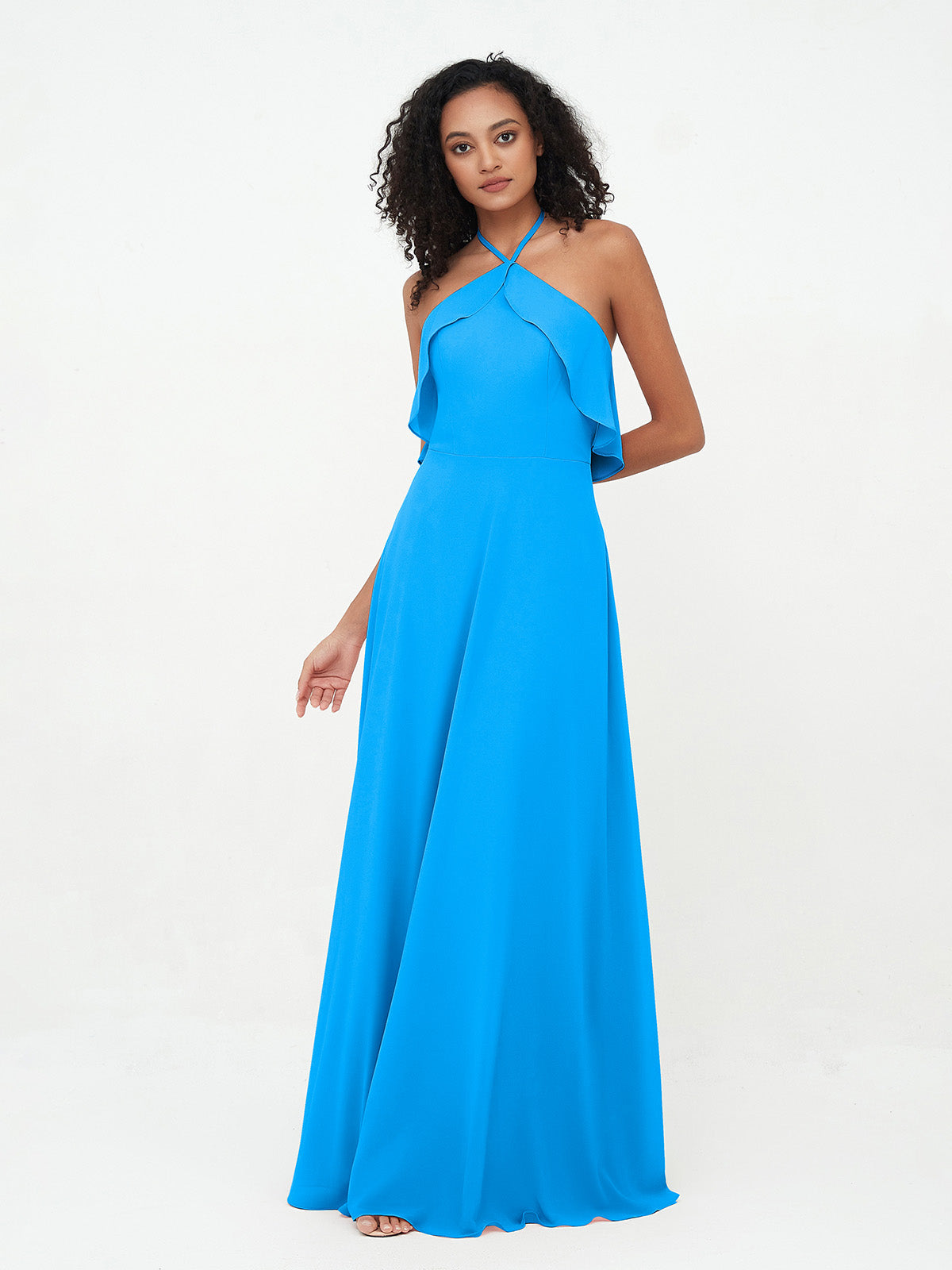 BABARONI Chiffon Ocean Blue Bridesmaid Dresses A-line Halter Spaghetti ...