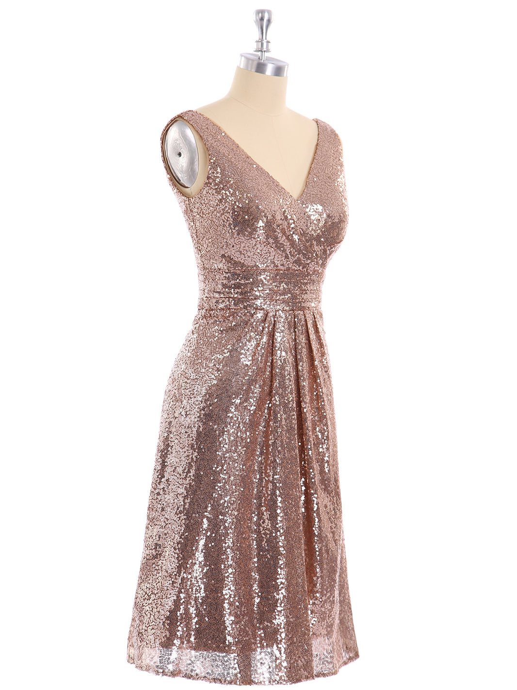 BABARONI Sequin Metallic Gold Bridesmaid Dresses Sheath/Column V-neck  Sleeveless Knee-length – BABARONI UK