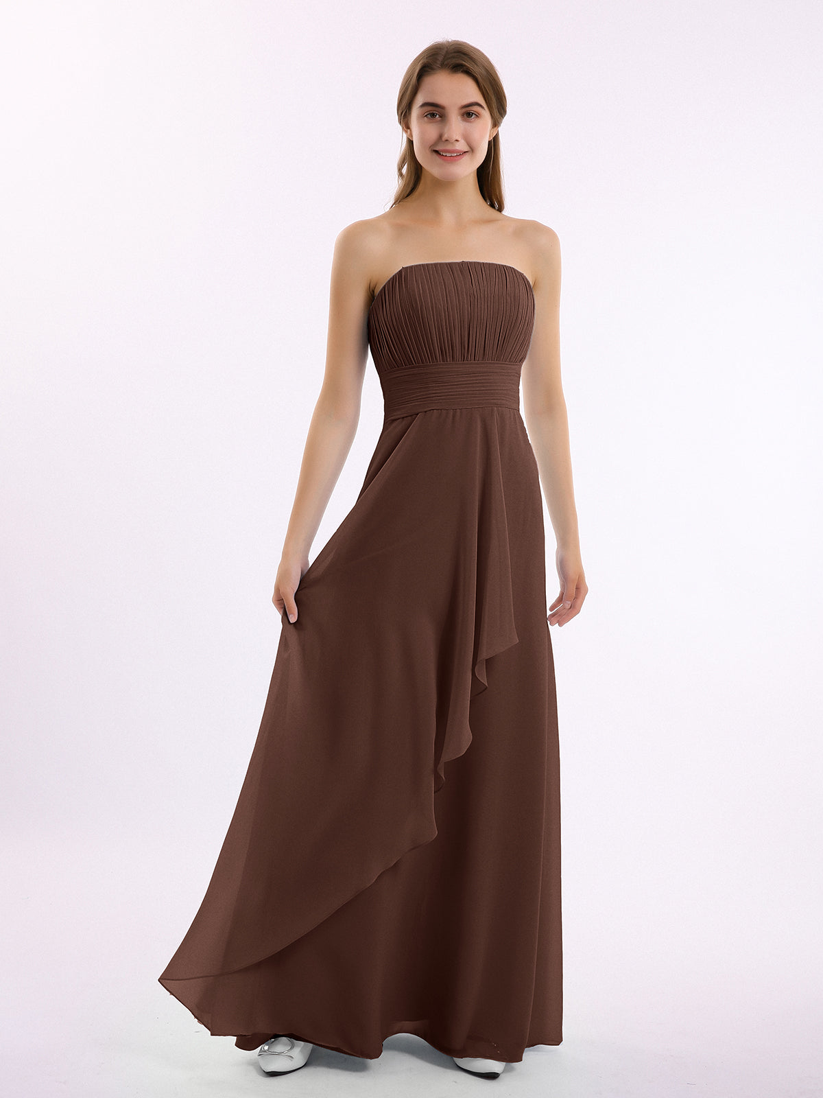 Strapless Chiffon Dress with Cascade Skirt Chocolate