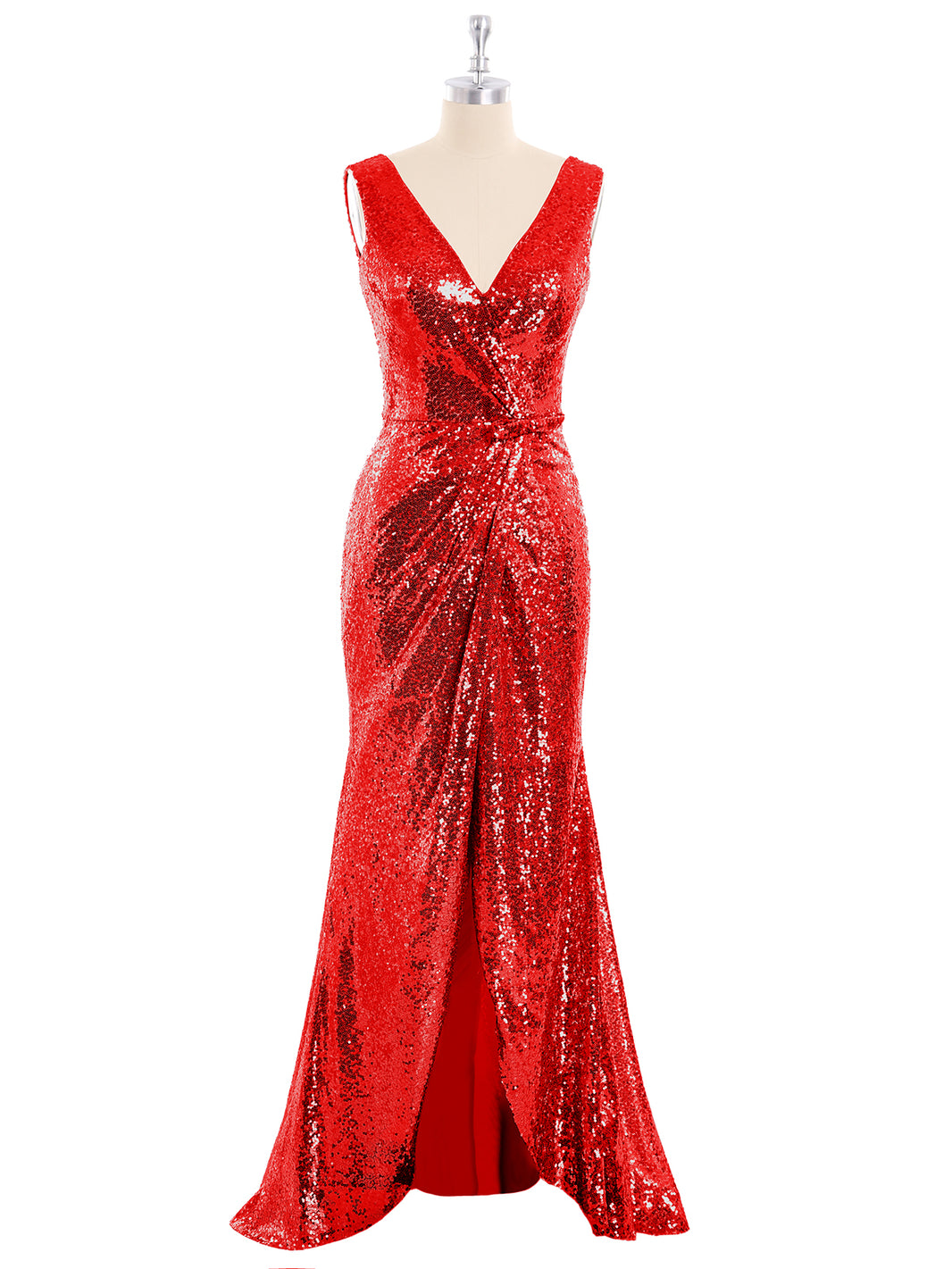 BABARONI Sequin Lace Red Bridesmaid Dresses Sheath/Column V-neck Sleeveless  Asymmetrical – BABARONI UK
