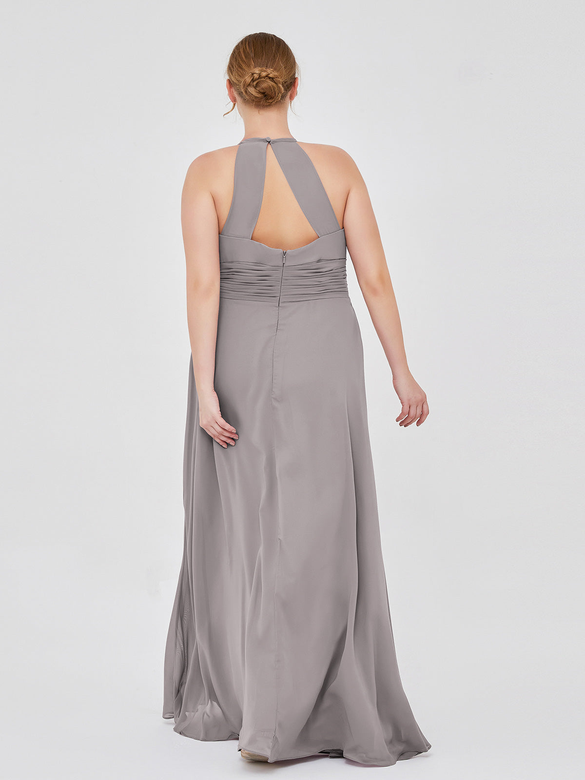 Long Halter Chiffon Dresses of Bridesmaid Silver Plus Size