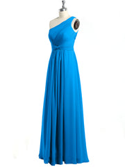 One Shoulder Long Chiffon Bridesmaid Gown Ocean Blue