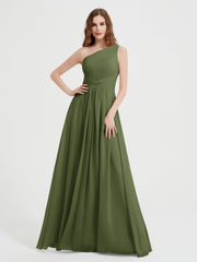 One Shoulder Long Chiffon Bridesmaid Gown Olive Green