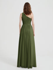 One Shoulder Long Chiffon Bridesmaid Gown Olive Green