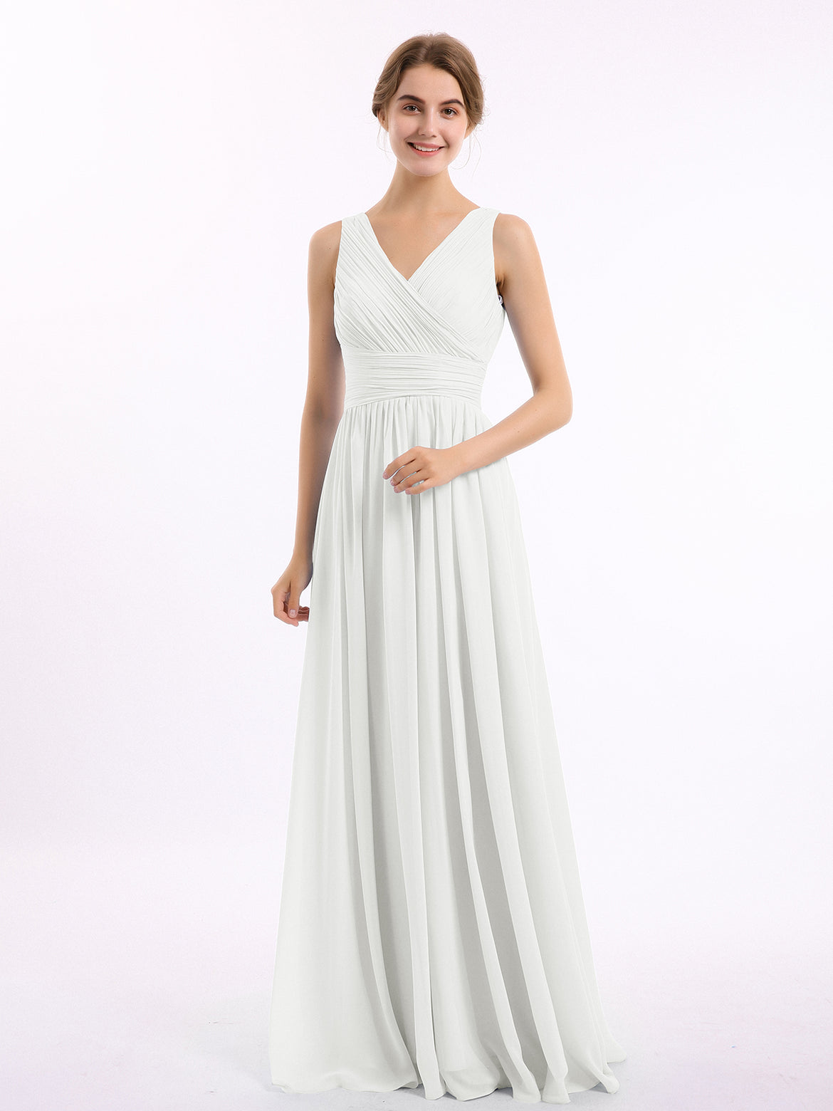 white bridesmaid dresses uk White Chiffon Floor Length V-Neck Bridesmaid Dresses