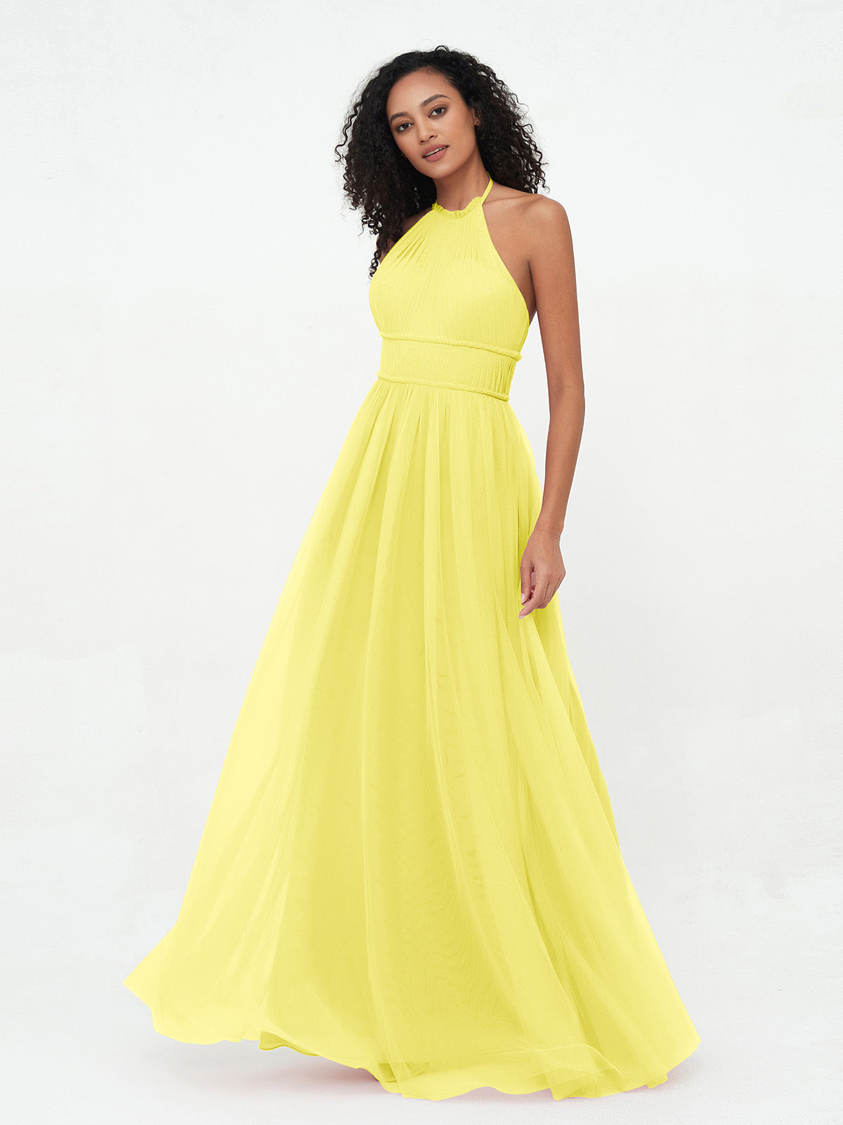 Halter Illusion Long Boho Tulle Dresses Lemon Plus Size