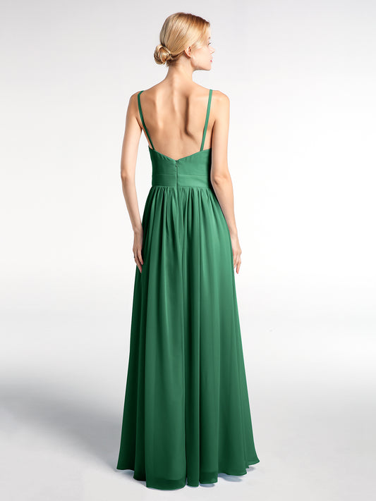 Open Back Chiffon Long Dresses with V-neck Dark Green