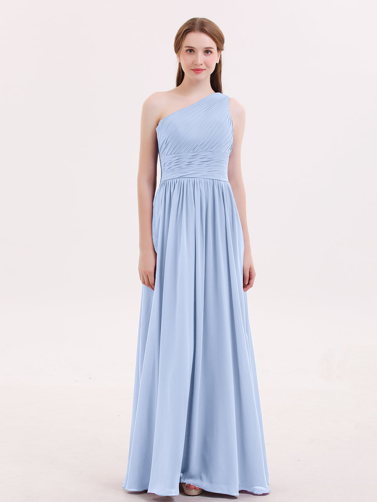 Pleated Bodice One Shoulder Long Chiffon Dresses Sky Blue | BABARONI ...