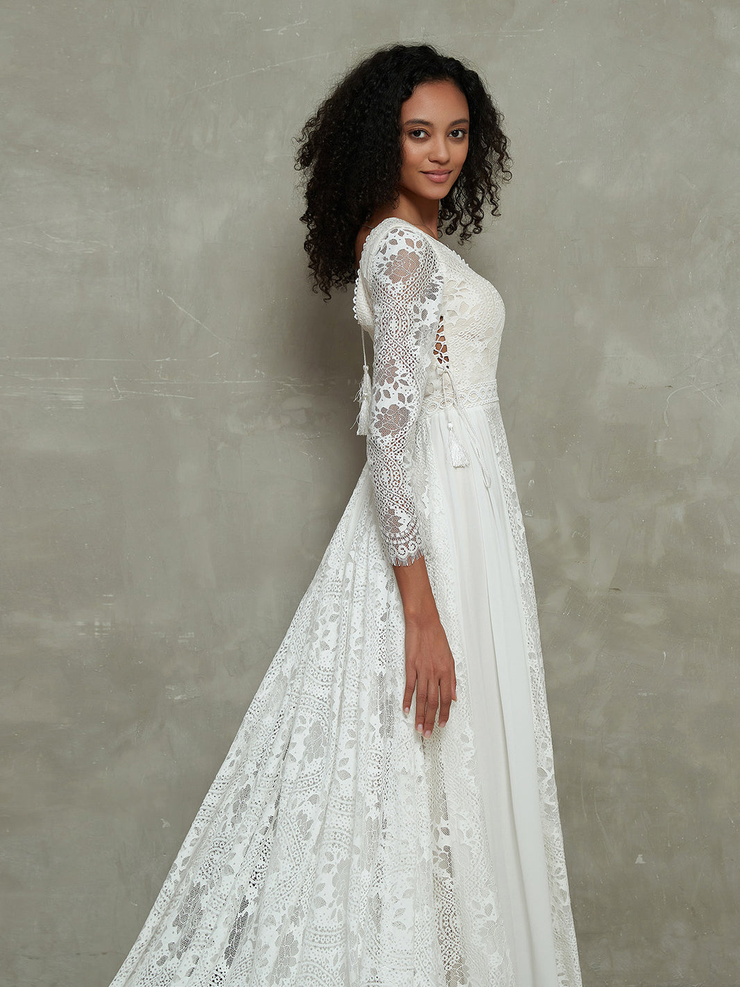 BABARONI Lace Ivory Wedding Dresses A-line V-neck Chapel train Long Sleeve   BABARONI UK
