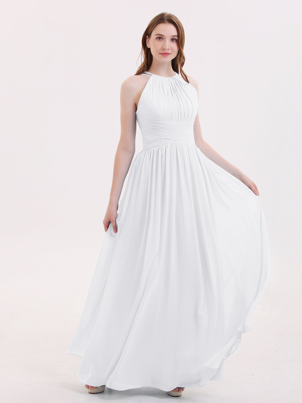 BABARONI Chiffon White Bridesmaid Dresses A-line Halter Sleeveless ...
