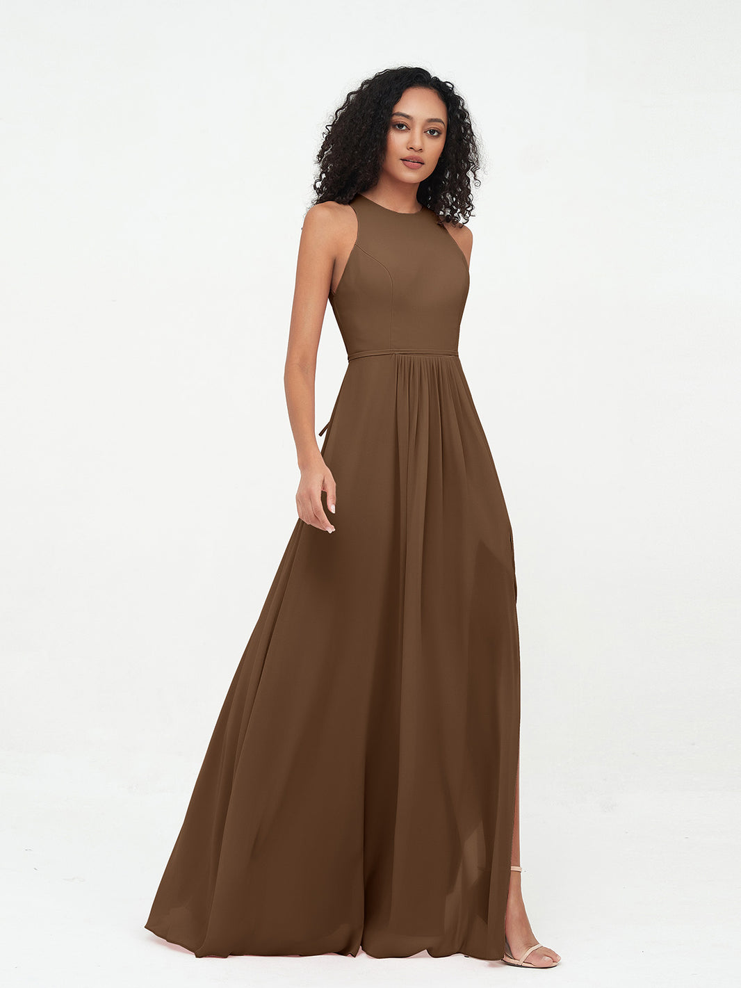 BABARONI Chiffon Brown Bridesmaid Dresses A-line Scoop Sleeveless Floor-length With Slit BABARONI UK BABARONI Chiffon Brown Bridesmaid Dresses A-line Scoop Sleeveless Floor-length With Slit BABARONI UK