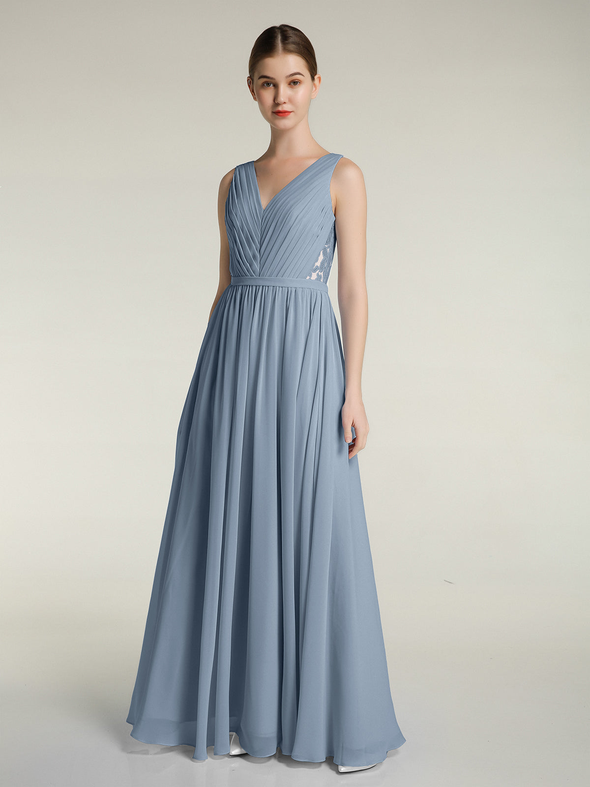 Lace and Chiffon Full Length Dress with V-neck Dusty Blue | BABARONI ...