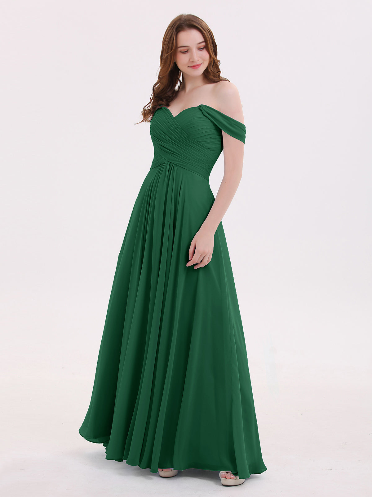 BABARONI Chiffon Dark Green Bridesmaid Dresses Empire Off-the-shoulder Cap  Sleeve Floor-length – BABARONI UK